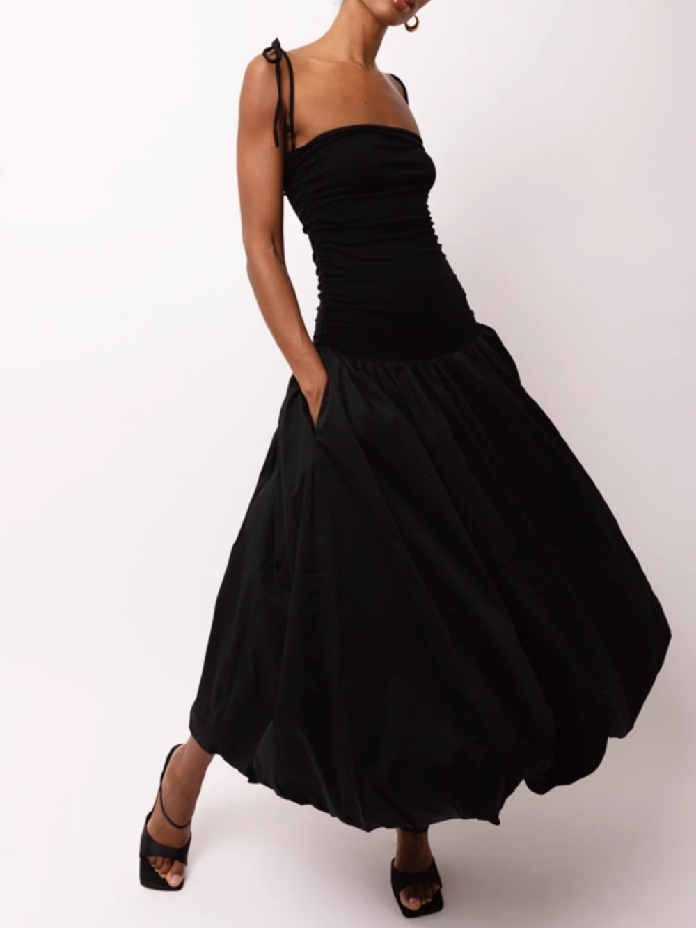 Strap Tie Black Midi Dress with Ruched Bodice